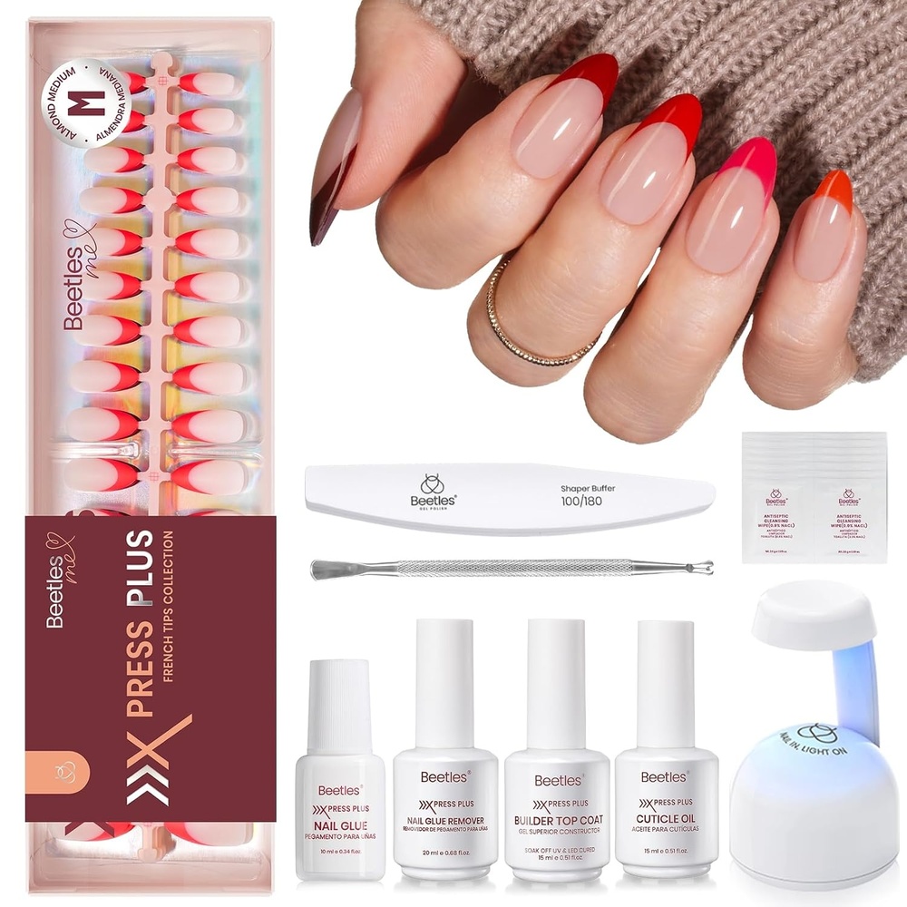 image:imageBeetles French Tip Press On Nails  210 Pcs Pink Short Coffin Press On Nails 4 in 1 Nail Tips Gel Nail No Need to File Tips PreApplied Primer and Base Coat Reusable Fake Nails for Nail ArtMM Almond  Fierce French Kit