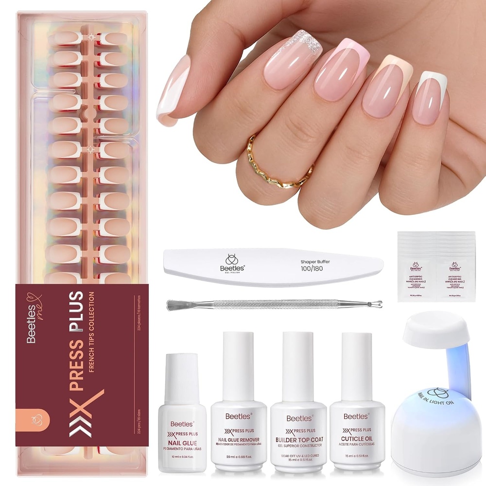 image:imageBeetles French Tip Press On Nails  210 Pcs Pink Short Coffin Press On Nails 4 in 1 Nail Tips Gel Nail No Need to File Tips PreApplied Primer and Base Coat Reusable Fake Nails for Nail ArtOBeetles X Press KitShort Almond