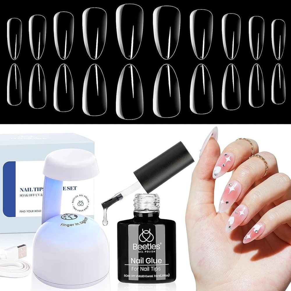 image:imageBeetles Gel Nail Kit Almond500Pcs Gel Nails Tip Easy Extension Set Short Almond Shape 9 In 1 Nail Glue Extension Set Uv Led Lamp Acrylic False Tips Kit DIY Nails Art Gifts for Women03Medium Almond 500PCSclear kit
