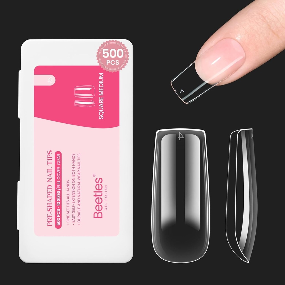 image:imageBeetles Gel Nail Kit Almond500Pcs Gel Nails Tip Easy Extension Set Short Almond Shape 9 In 1 Nail Glue Extension Set Uv Led Lamp Acrylic False Tips Kit DIY Nails Art Gifts for Women36Medium Square 500PCSClear