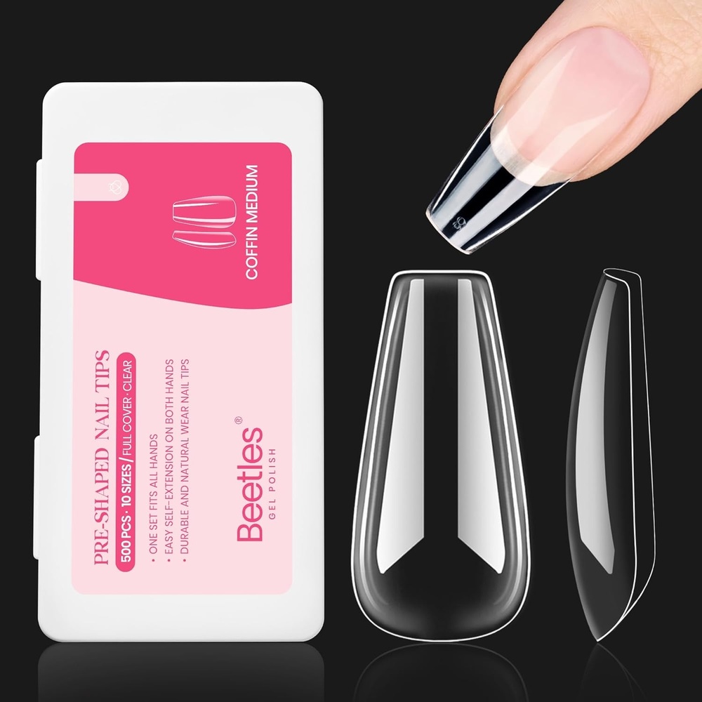 image:imageBeetles Gel Nail Kit Almond500Pcs Gel Nails Tip Easy Extension Set Short Almond Shape 9 In 1 Nail Glue Extension Set Uv Led Lamp Acrylic False Tips Kit DIY Nails Art Gifts for Women37Medium Coffin 500pcs Clear