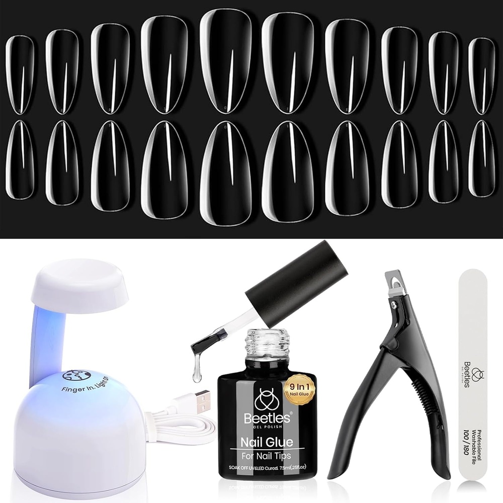 image:imageBeetles Gel Nail Kit Almond500Pcs Gel Nails Tip Easy Extension Set Short Almond Shape 9 In 1 Nail Glue Extension Set Uv Led Lamp Acrylic False Tips Kit DIY Nails Art Gifts for Women05Almond Medium clear kit
