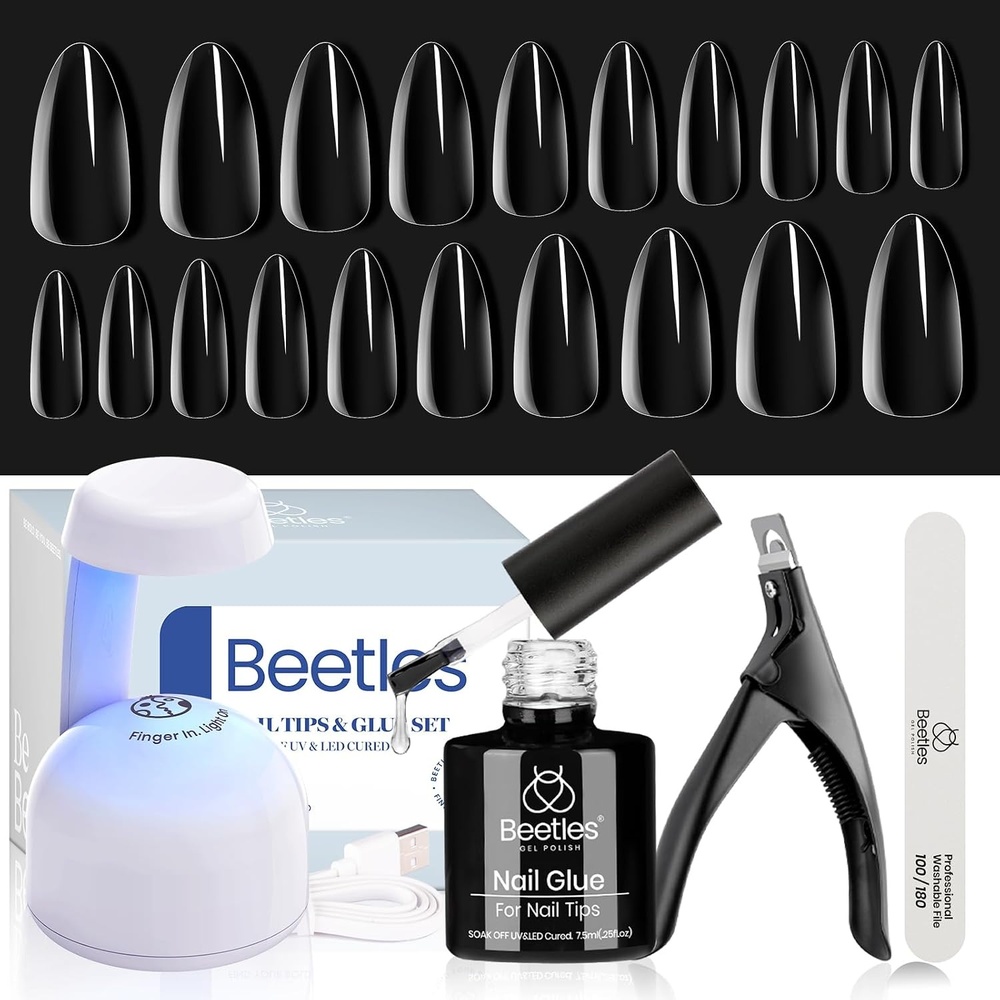 image:imageBeetles Gel Nail Kit EtchX Almond Short 504pcs 12 Sizes Nail Tips with 9 in 1 Nail Glue Mini LED Light Acrylic Half Matte Tips Press On Nail Extension DIY Set at Home Gift for Women amp Girls22 Medium Almond 240pcs Clear Kit