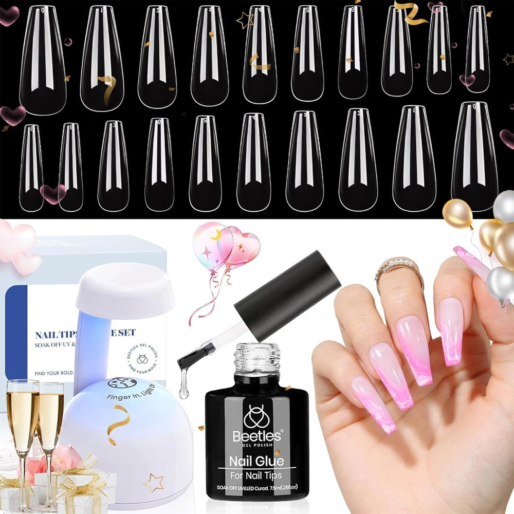image:imageBeetles Gel Nail Kit EtchX Almond Short 504pcs 12 Sizes Nail Tips with 9 in 1 Nail Glue Mini LED Light Acrylic Half Matte Tips Press On Nail Extension DIY Set at Home Gift for Women amp Girls33 Long Coffin 500pcs Clear Kit