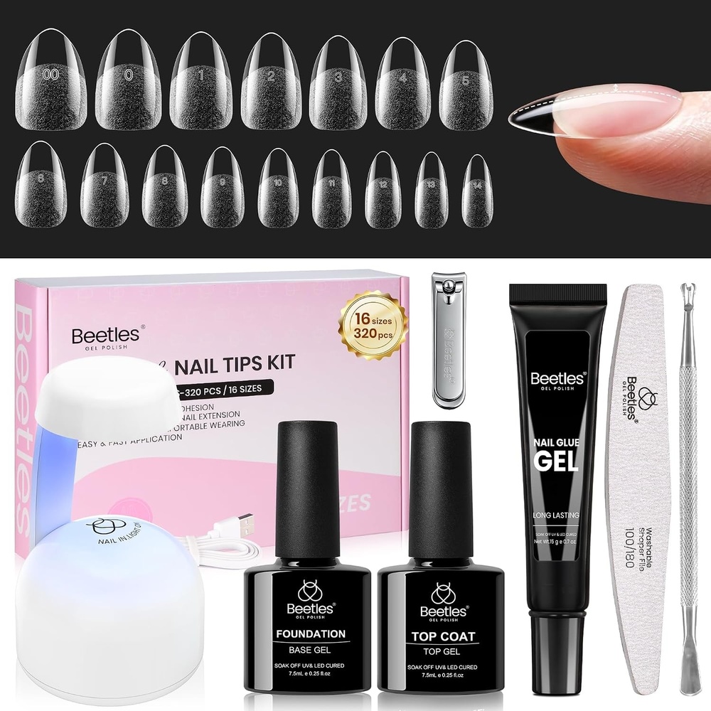 image:imageBeetles Gel Nail Kit EtchX Almond Short 504pcs 12 Sizes Nail Tips with 9 in 1 Nail Glue Mini LED Light Acrylic Half Matte Tips Press On Nail Extension DIY Set at Home Gift for Women amp Girls51 Almond Short 320pcs 16 Sizes CurveEX Kit