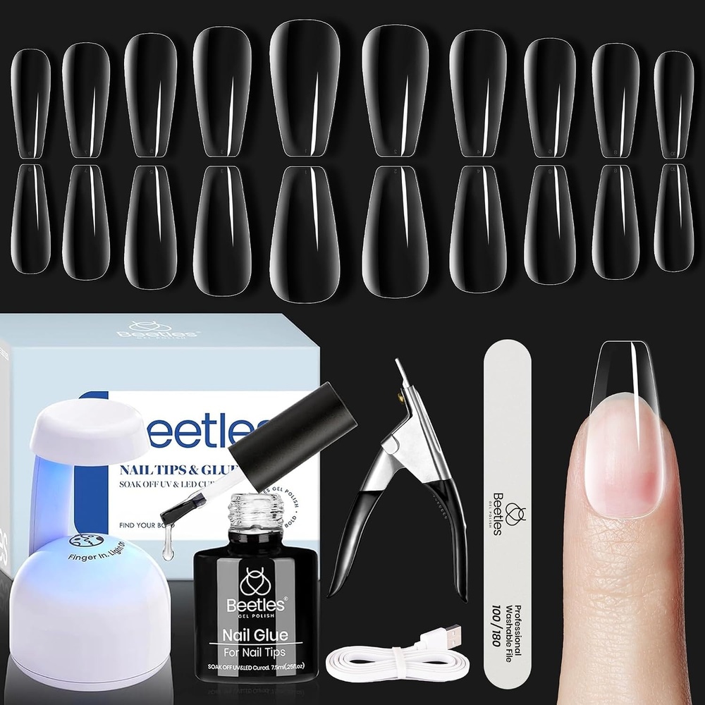 image:imageBeetles Gel Nail Kit EtchX Almond Short 504pcs 12 Sizes Nail Tips with 9 in 1 Nail Glue Mini LED Light Acrylic Half Matte Tips Press On Nail Extension DIY Set at Home Gift for Women amp Girls31 Medium Coffin 240pcs Clear Kit