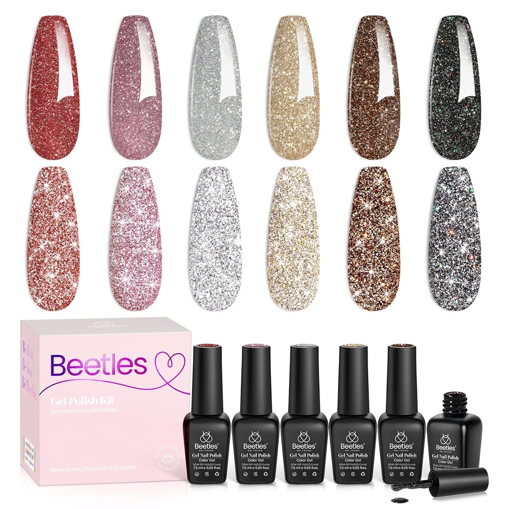 image:imageBeetles Gel Nail Polish Set 6Pcs Brown Green Yellow Burgundy Orange Glitter Gel Polish Nails Art Soak off Uv LED Manicure Gift Set Golden Season Collection 2025 Nail Trend Gift for Women00Reflective Glitter Gel Polish Set