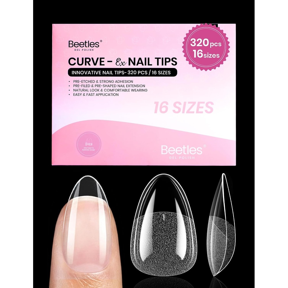 image:imageBeetles Gel Nail Tips FlatX Square Medium 320pcs 16 Sizes0014 PreEtched Half Matte Full Cover Soft Gel Tips Clear Press on False Nail Extension Acrylic Fake Nails Easy DIY Salon Art21Short Almond 320pcs CurveEX Nail Tips