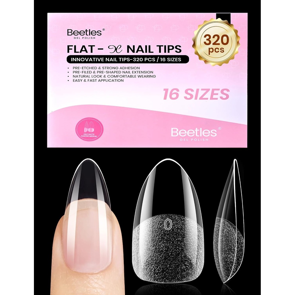 image:imageBeetles Gel Nail Tips FlatX Square Medium 320pcs 16 Sizes0014 PreEtched Half Matte Full Cover Soft Gel Tips Clear Press on False Nail Extension Acrylic Fake Nails Easy DIY Salon Art14Medium Almond 320pcs FlatX Nail Tips