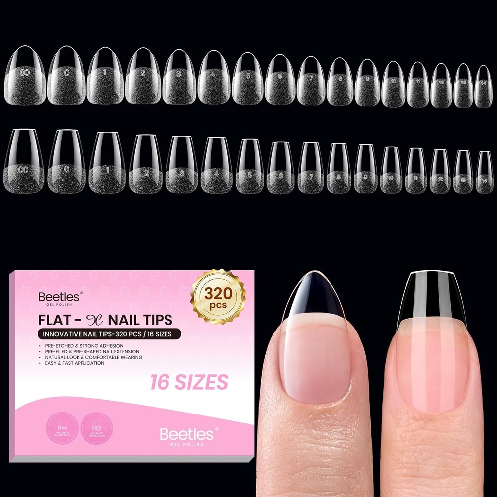 image:imageBeetles Gel Nail Tips FlatX Square Medium 320pcs 16 Sizes0014 PreEtched Half Matte Full Cover Soft Gel Tips Clear Press on False Nail Extension Acrylic Fake Nails Easy DIY Salon Art33Short Almond Coffin 320pcs DualShape Tips