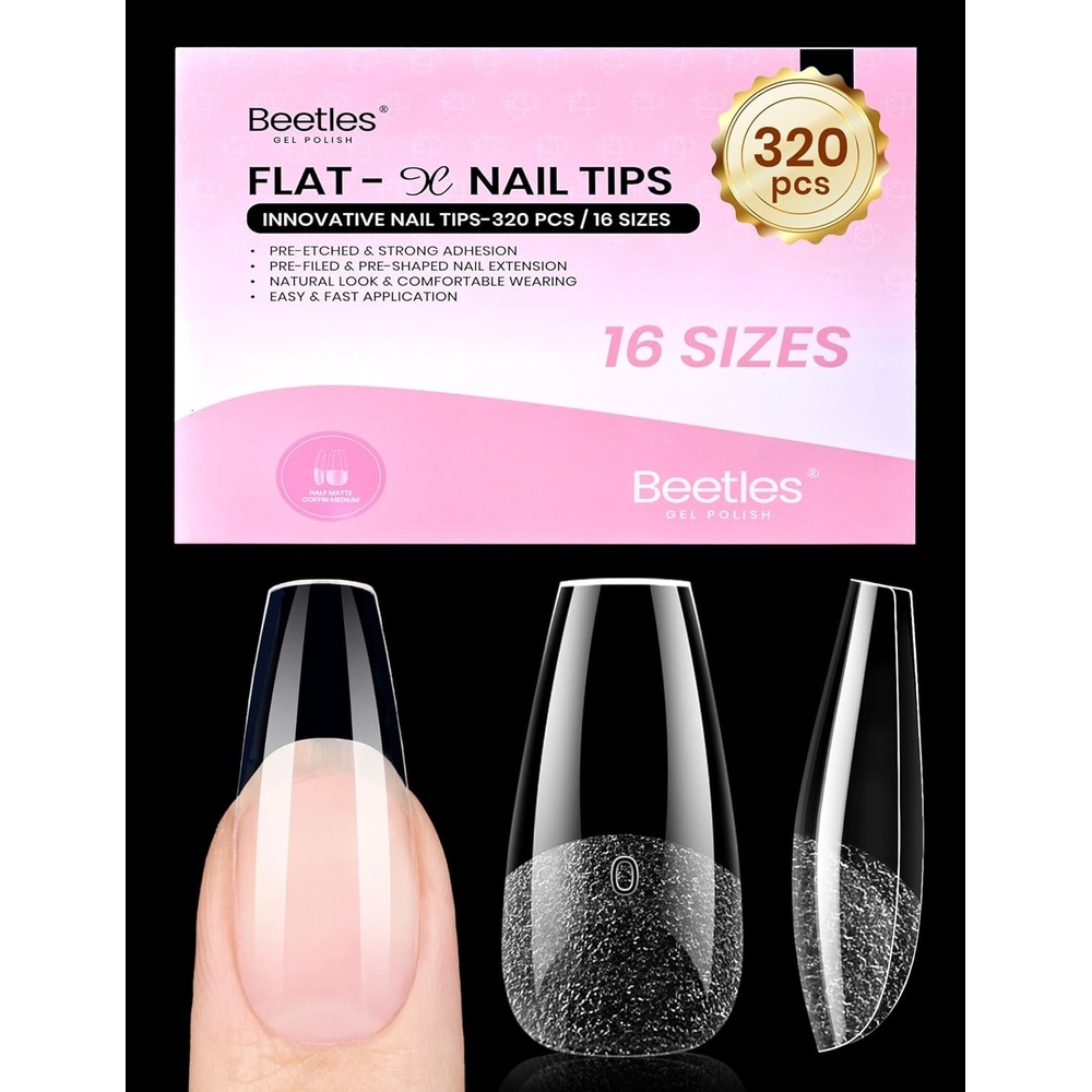 image:imageBeetles Gel Nail Tips FlatX Square Medium 320pcs 16 Sizes0014 PreEtched Half Matte Full Cover Soft Gel Tips Clear Press on False Nail Extension Acrylic Fake Nails Easy DIY Salon Art16Medium Coffin 320pcs FlatX Nail Tips
