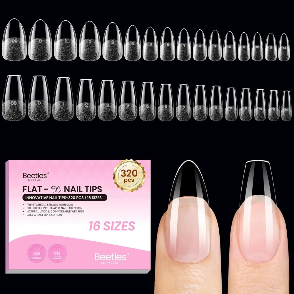 image:imageBeetles Gel Nail Tips FlatX Square Medium 320pcs 16 Sizes0014 PreEtched Half Matte Full Cover Soft Gel Tips Clear Press on False Nail Extension Acrylic Fake Nails Easy DIY Salon Art34Medium Almond Coffin 320pcs DualShape Tips