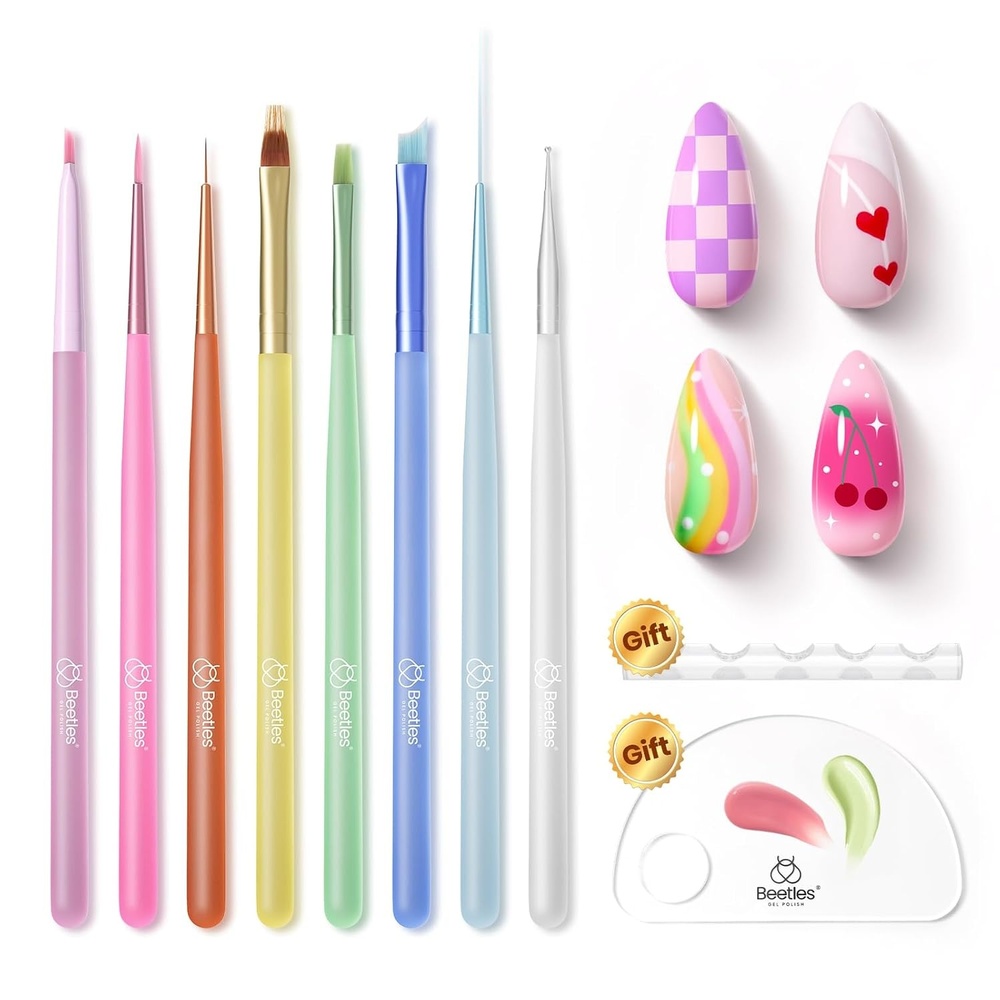 image:imageBeetles Gel Polish Nail Art Brushes Set 6 Pcs Fingernail Art Design Pen Floral Pattern Handle Gradient Bristles Nail Brush Set DIY with Palette Dotting Manicure Tool Kit8pcs Rainbow Pastel Brush Set