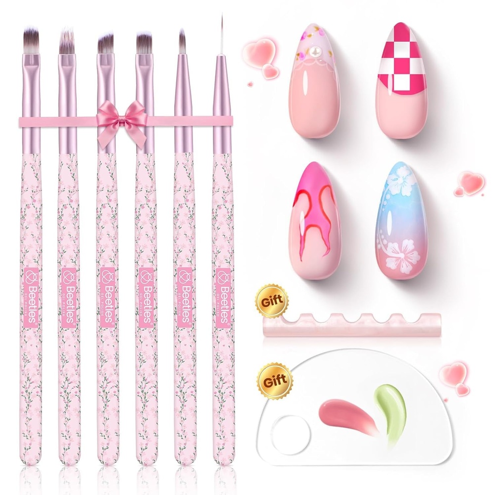 image:imageBeetles Gel Polish Nail Art Brushes Set 6 Pcs Fingernail Art Design Pen Floral Pattern Handle Gradient Bristles Nail Brush Set DIY with Palette Dotting Manicure Tool Kit6 Pcs Nail Art Brushes Set