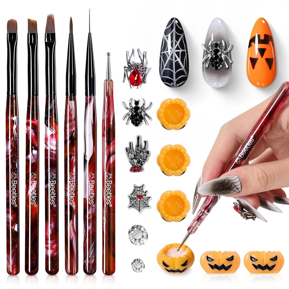 image:imageBeetles Gel Polish Nail Art Brushes Set 6 Pcs Fingernail Art Design Pen Floral Pattern Handle Gradient Bristles Nail Brush Set DIY with Palette Dotting Manicure Tool Kit6Pcs Halloween Nail Art Brushes