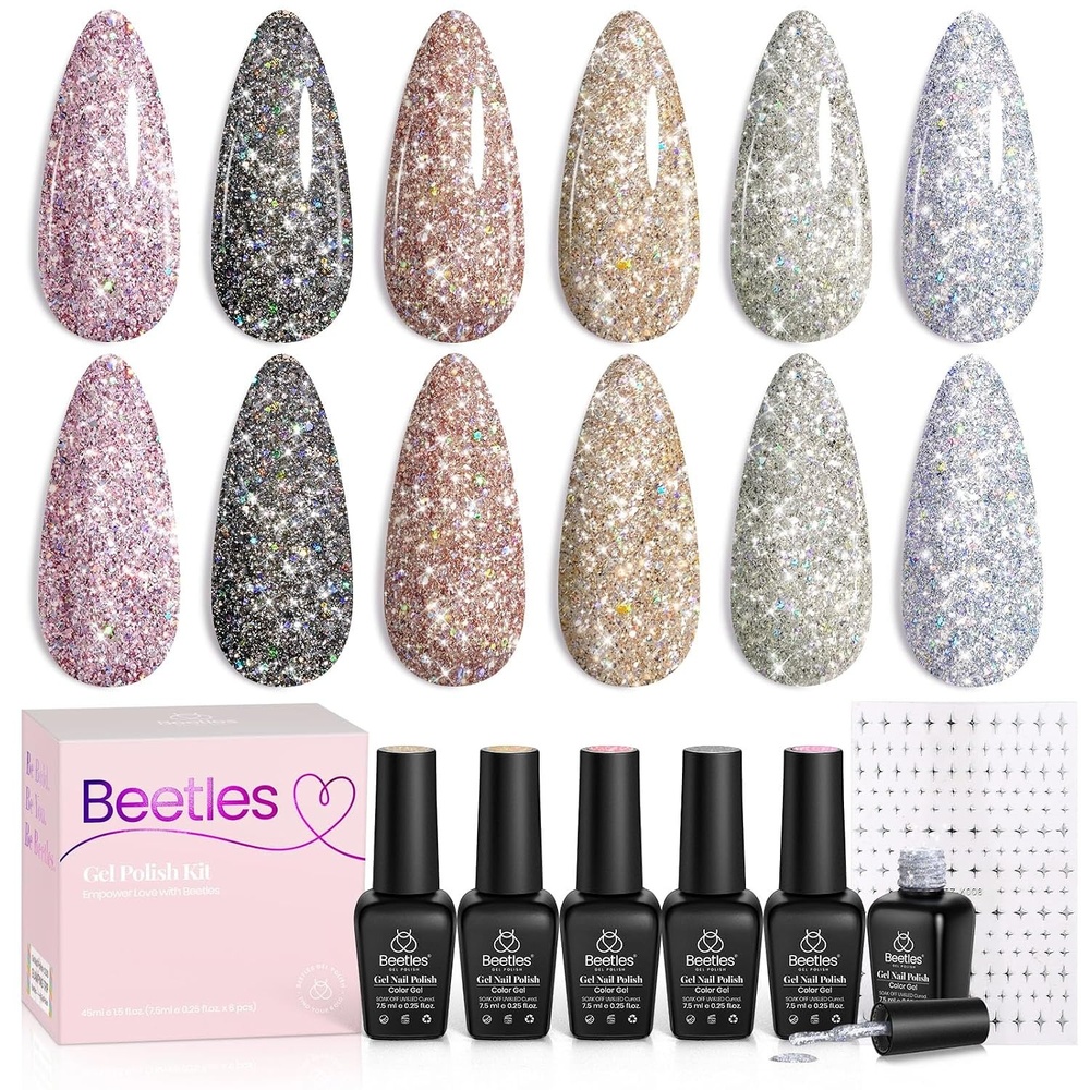 image:imageBeetles Glitter Gel Polish Set  Diamond Shine 6 Colors Reflective Sparkle Gel Set Silver Black Pink Gold Holographic Shimmer Polish with Nail Art Stickers Soak Off Uv LED Manicure Gifts for Women006 Colors Diamond Shine Gel Polish