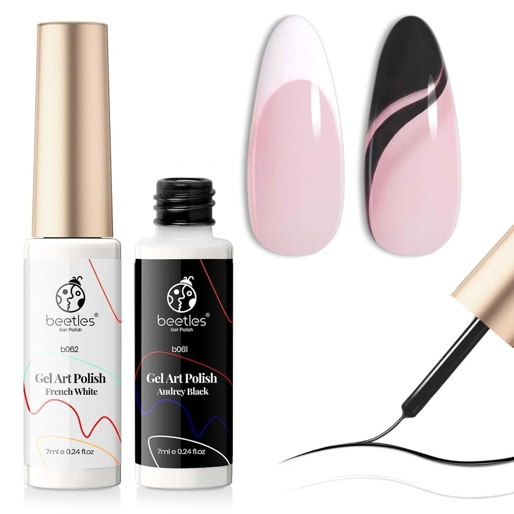 image:imageBeetles Metallic Gel Nail Polish Liner Set Silver Bronze Gold 2pcs Gel Liner Nail Art Chrome 3D HighGloss Effect for Nails Paint Design with Thin Brush DIY French Manicure Curing Requires at Home2pcs Blackwhite