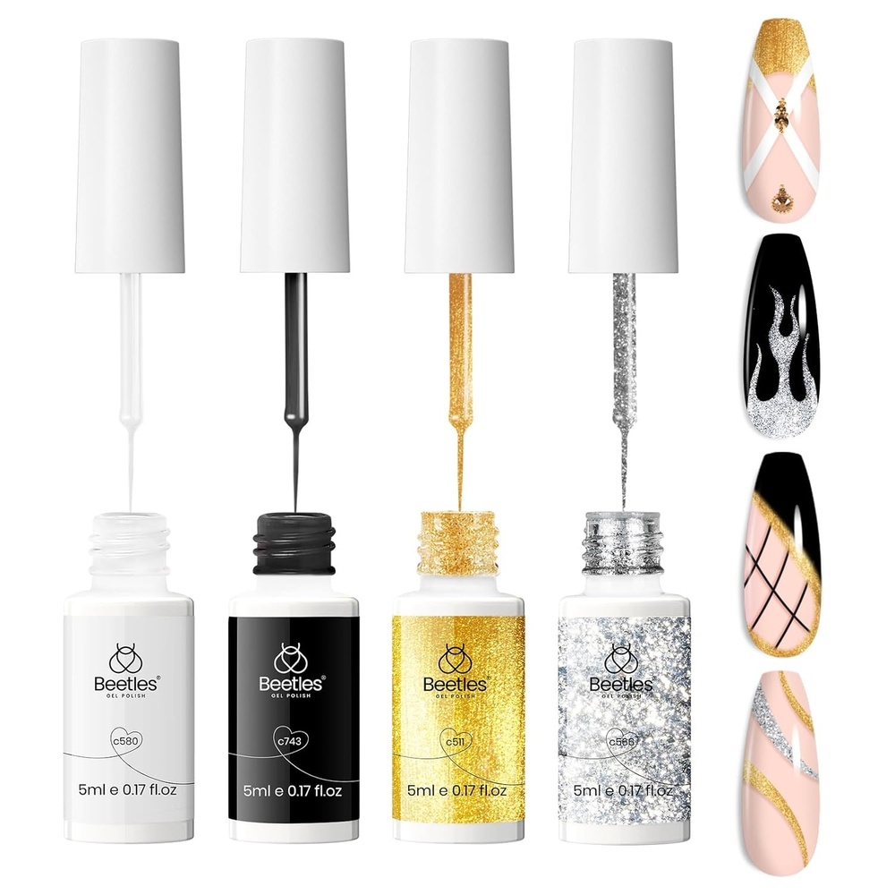 image:imageBeetles Metallic Gel Nail Polish Liner Set Silver Bronze Gold 2pcs Gel Liner Nail Art Chrome 3D HighGloss Effect for Nails Paint Design with Thin Brush DIY French Manicure Curing Requires at HomeClassic Gold Silver Black White