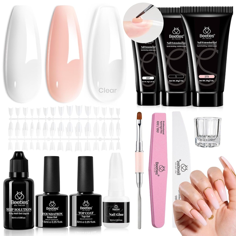 image:imageBeetles Nail Extension Gel 4 Colors Poly Nail Gel Kit with Base amp Top Coat Slip Solution amp Brush AllinOne Starter Kit for Home Manicure Holiday Gift for Women0Pristine Grace