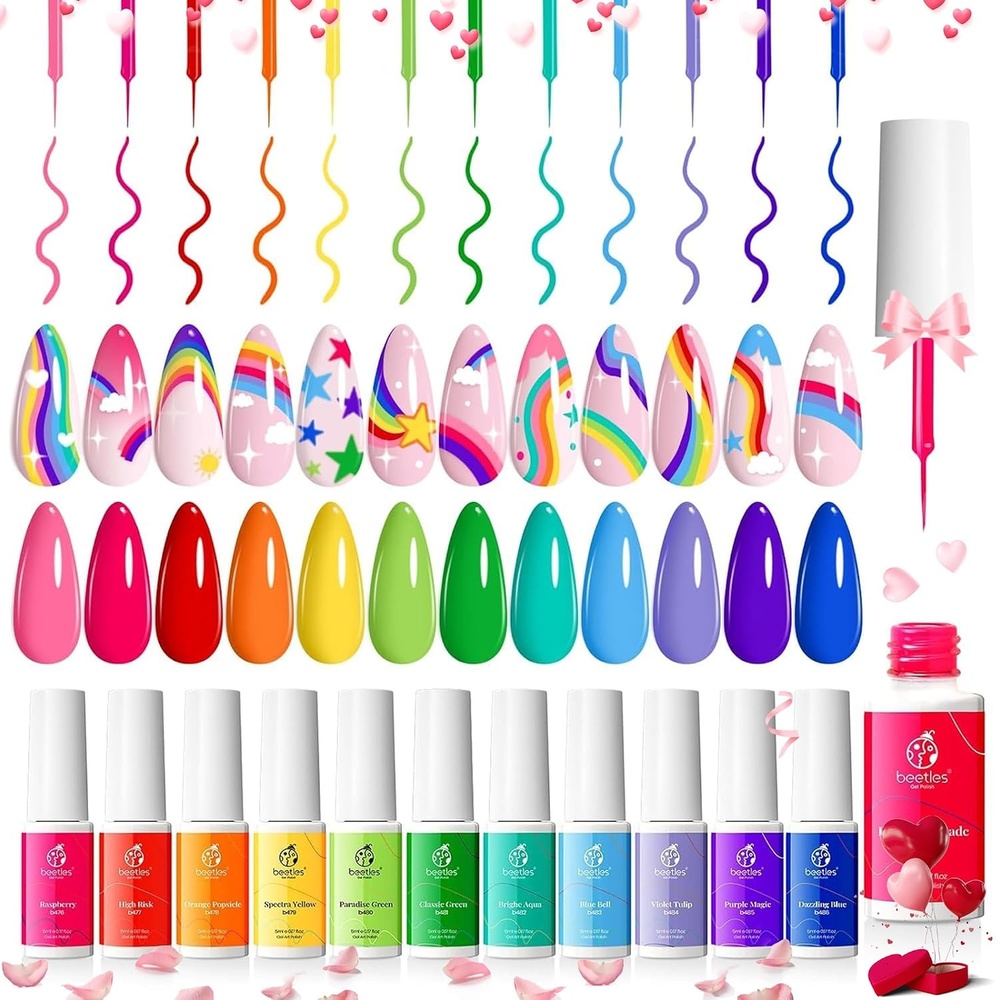 image:imageBeetles Pastel Gel Liner Nail Polish Set 12 Colors Spring Sheer Pink Nude Blue Purple White Yellow Orange French Line Swirl Nail Art Gel Polish Soak Off Uv Lamp Manicure Gifts for Women00Rainbow