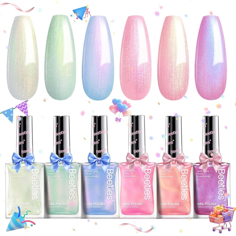 image:imageBeetles Pearl Nail Polish Set Mermaid Glow 6 Colors Shimmer Pearl Pink Purple Quick Dry Nail Polish Long Lasting DIY Manicure Gift for Girls Women Nail Strengthener Polish0Starlit Veil