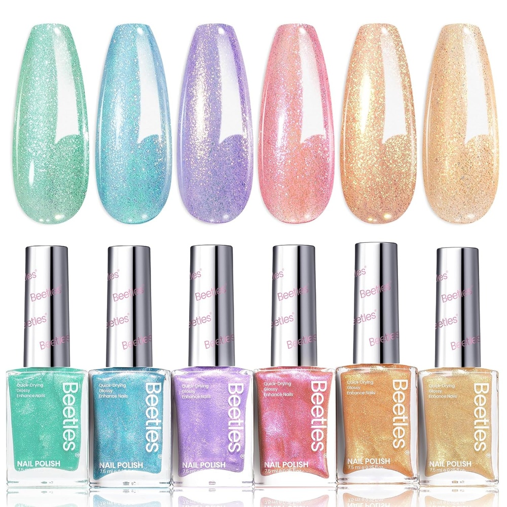 image:imageBeetles Pearl Nail Polish Set Mermaid Glow 6 Colors Shimmer Pearl Pink Purple Quick Dry Nail Polish Long Lasting DIY Manicure Gift for Girls Women Nail Strengthener PolishRainbow Galaxy