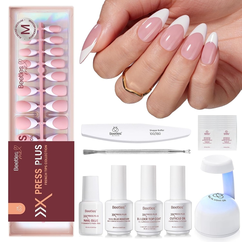 image:imageBeetles Press On Nail KitShort Square French Tip Press On Nails 150Pcs Pink French Nail Tips with Nail Glue amp Remover Builder Top Coat Nail Lamp AllinOne DIY Fake Nails Gift for WomenDBeetles X Press KitMedium Almond