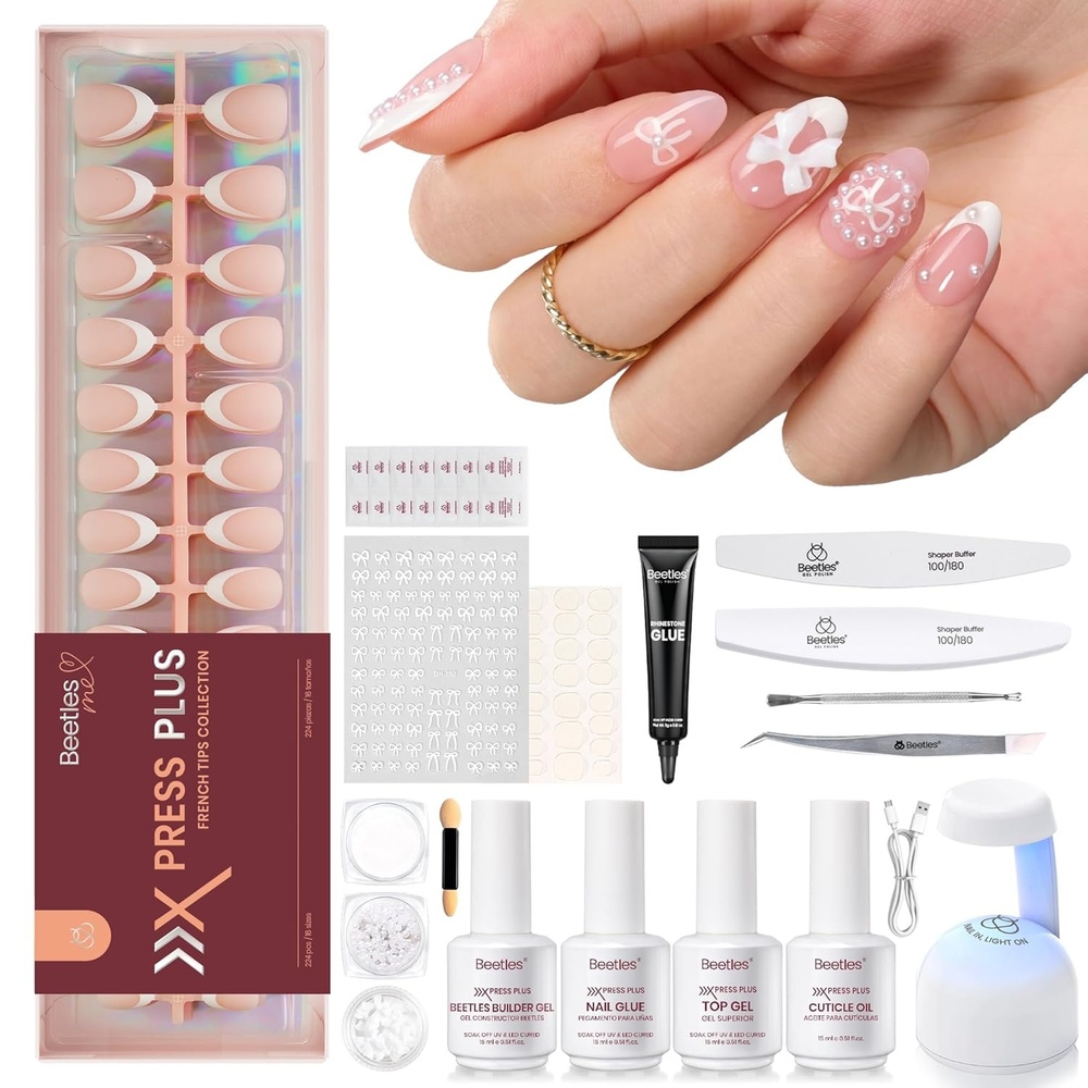 image:imageBeetles Press On Nail KitShort Square French Tip Press On Nails 150Pcs Pink French Nail Tips with Nail Glue amp Remover Builder Top Coat Nail Lamp AllinOne DIY Fake Nails Gift for WomenGBeetles X Press Kit DIY