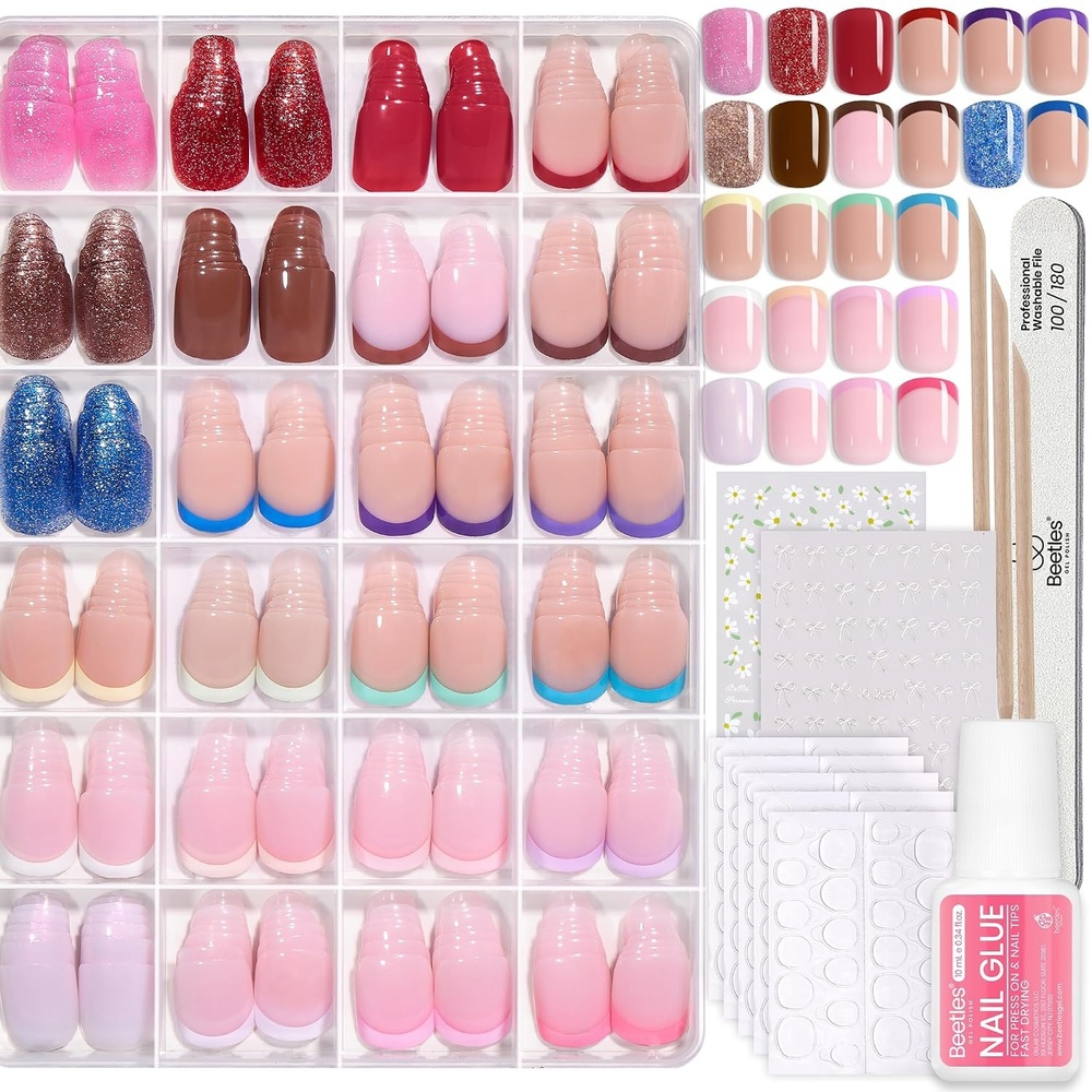 image:imageBeetles Press on Nails Kit 720Pcs 24 Colors Short Almond Press on Nail Glossy Matte Glitter with Nail Glue amp Nail Tabs Stickers Natural Fit Lightweight Fake Nails Kit Art for Women GirlsFS SquareCandy Mix720PCS