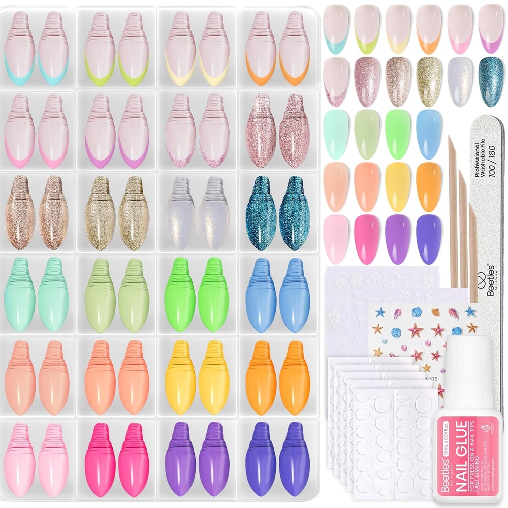 image:imageBeetles Press on Nails Kit 720Pcs 24 Colors Short Almond Press on Nail Glossy Matte Glitter with Nail Glue amp Nail Tabs Stickers Natural Fit Lightweight Fake Nails Kit Art for Women GirlsCS AlmondChromatic Reverie720PCS