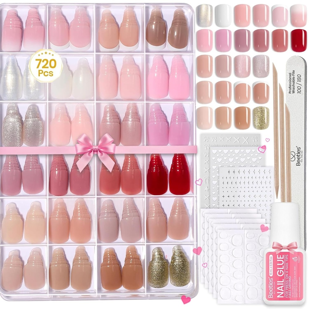 image:imageBeetles Press on Nails Kit 720Pcs 24 Colors Short Almond Press on Nail Glossy Matte Glitter with Nail Glue amp Nail Tabs Stickers Natural Fit Lightweight Fake Nails Kit Art for Women GirlsDS SquareCreamy Drizzle720PCS