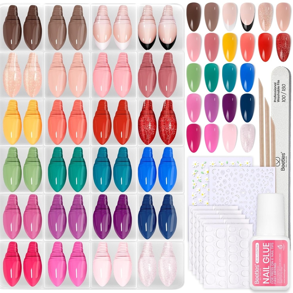 image:imageBeetles Press on Nails Kit 720Pcs 24 Colors Short Almond Press on Nail Glossy Matte Glitter with Nail Glue amp Nail Tabs Stickers Natural Fit Lightweight Fake Nails Kit Art for Women GirlsBS AlmondRainbow Gleam720PCS
