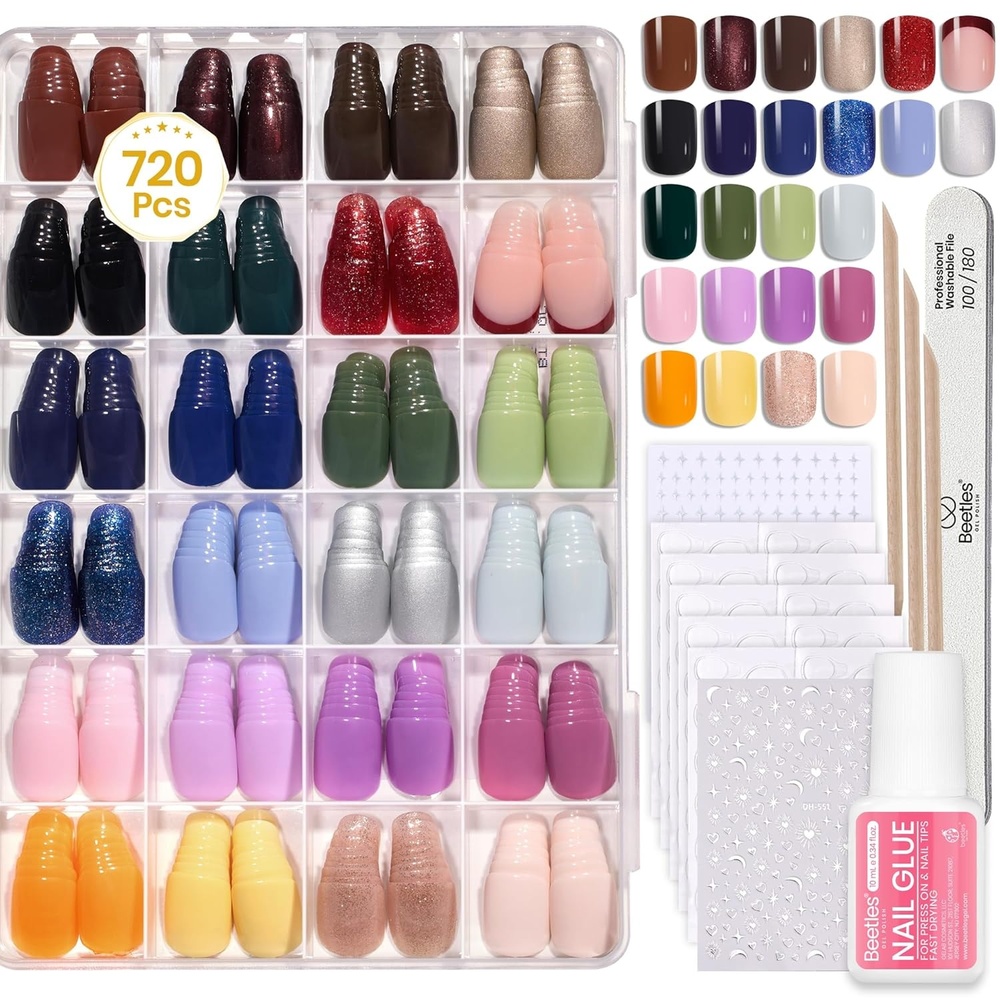 image:imageBeetles Press on Nails Kit 720Pcs 24 Colors Short Almond Press on Nail Glossy Matte Glitter with Nail Glue amp Nail Tabs Stickers Natural Fit Lightweight Fake Nails Kit Art for Women GirlsIS SquareFunfetti720PCS