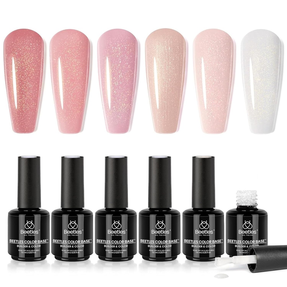 image:imageBeetles Rubber Base Gel Nail Polish 6 Colors Nude Gel Polish Pink Peach Neutral Sheer French Tips Base Colors for Nails Flexible U V LED Soak Off for DIY Home Manicure Nail GiftsRubber Base Stardust Whisper 6Pcs