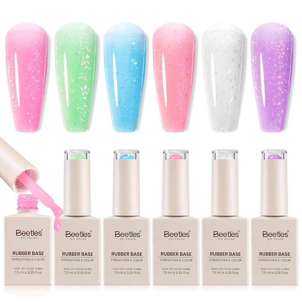 image:imageBeetles Rubber Base Gel Nail Polish 6 Colors Nude Gel Polish Pink Peach Neutral Sheer French Tips Base Colors for Nails Flexible U V LED Soak Off for DIY Home Manicure Nail GiftsClear 6 PCS Rubber Base Gel Set