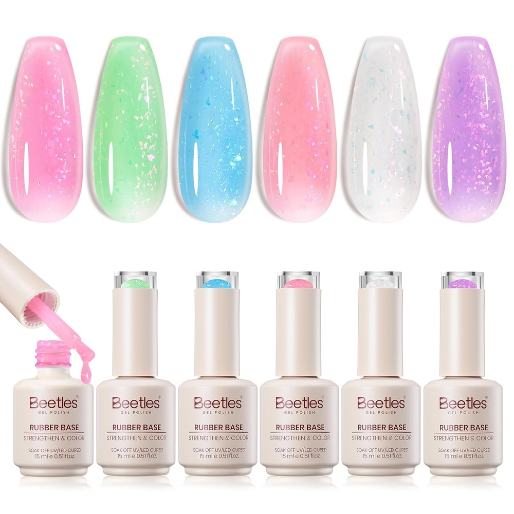 image:imageBeetles Rubber Base Gel Nail Polish 6 Colors Nude Gel Polish Pink Peach Neutral Sheer French Tips Base Colors for Nails Flexible U V LED Soak Off for DIY Home Manicure Nail GiftsClear 6 PCS Rubber Base Gel