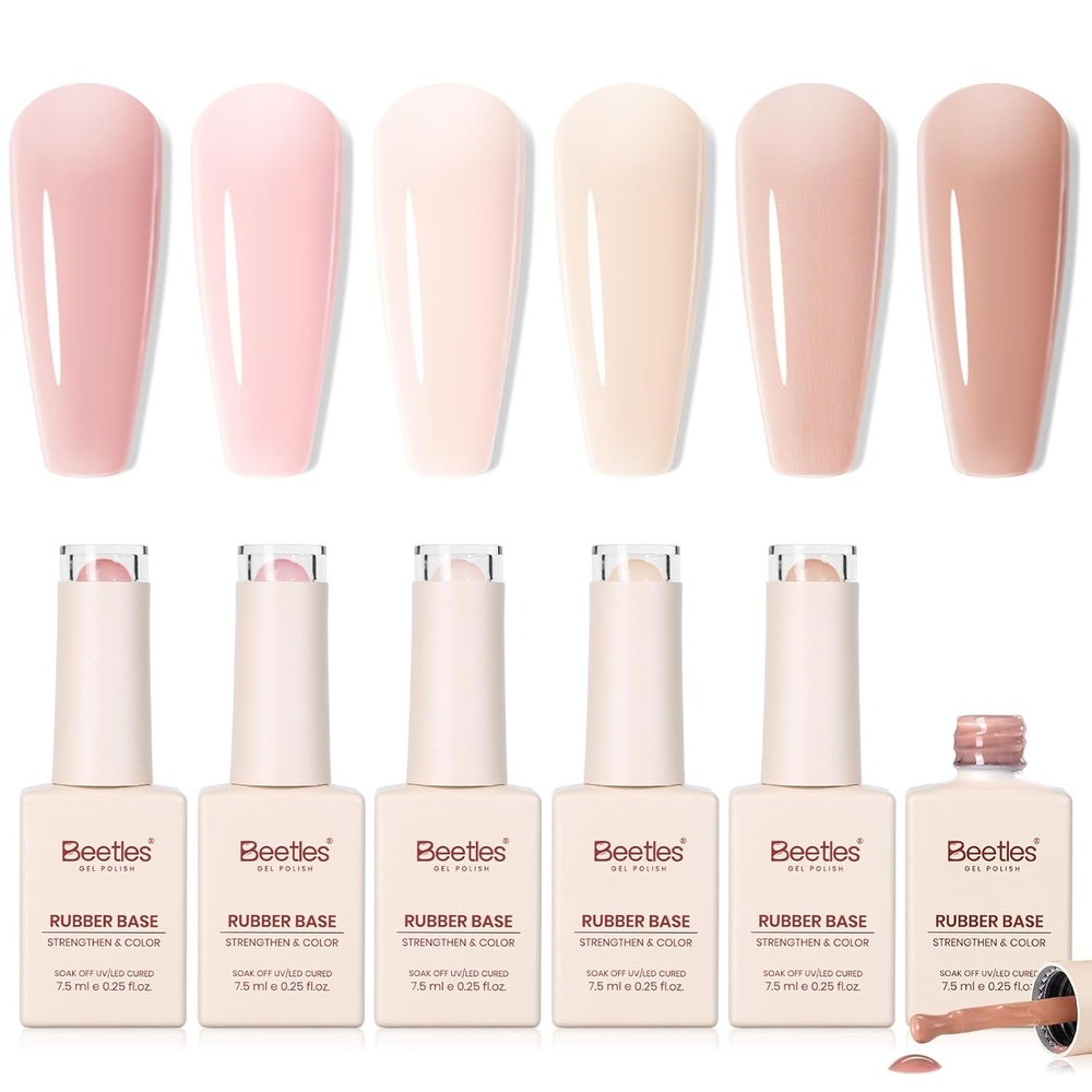 image:imageBeetles Rubber Base Gel Nail Polish 6 Colors Nude Gel Polish Pink Peach Neutral Sheer French Tips Base Colors for Nails Flexible U V LED Soak Off for DIY Home Manicure Nail GiftsClear Rubber Base Gel
