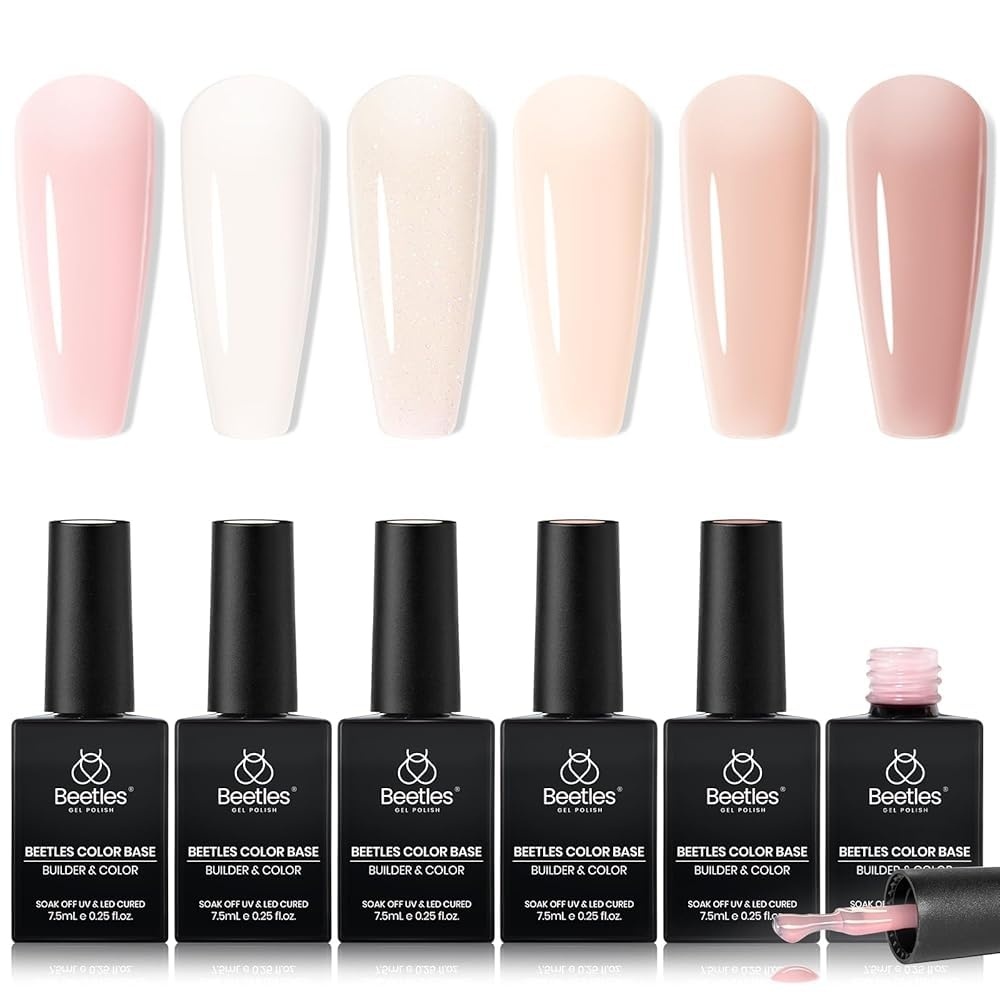 image:imageBeetles Rubber Base Gel Nail Polish 6 Colors Nude Gel Polish Pink Peach Neutral Sheer French Tips Base Colors for Nails Flexible U V LED Soak Off for DIY Home Manicure Nail Gifts05 IN 1 Beetles Color Base