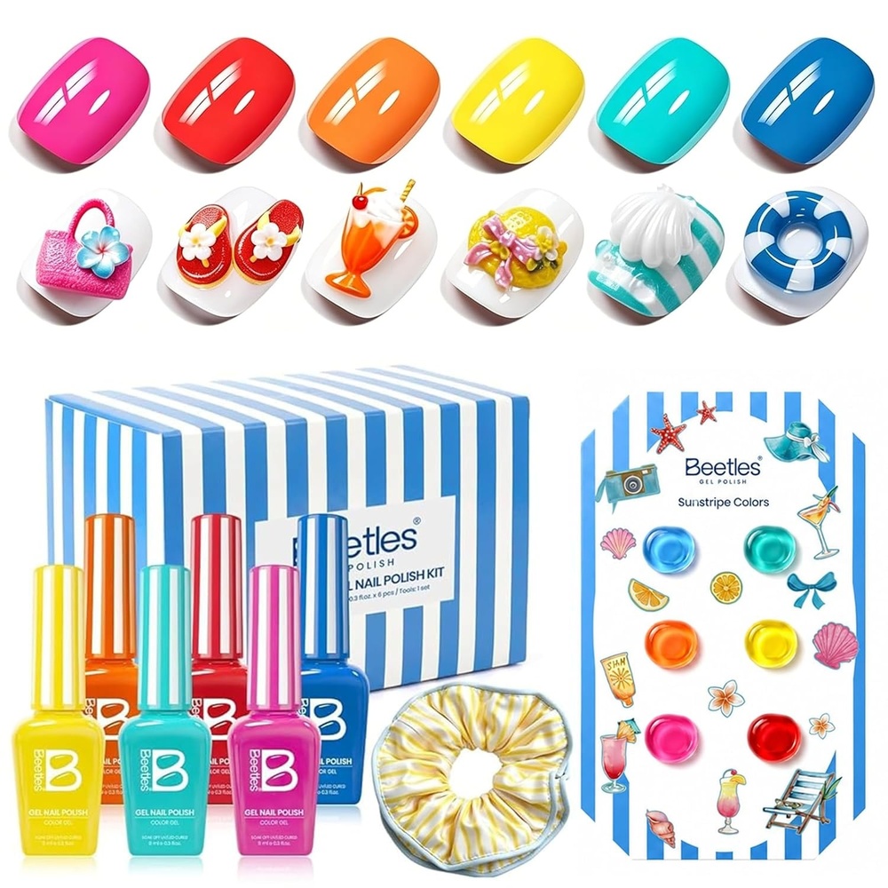image:imageBeetles Summer Voyage Neon Gel Nail Polish Set  9ML 6 Colors Specials Jelly Gel Nail Polish Kit Sheer Gel with Sticker Nail Accessories Soak Off UV Salon DIY at Home Manicure Gift for Women0Sunstripe