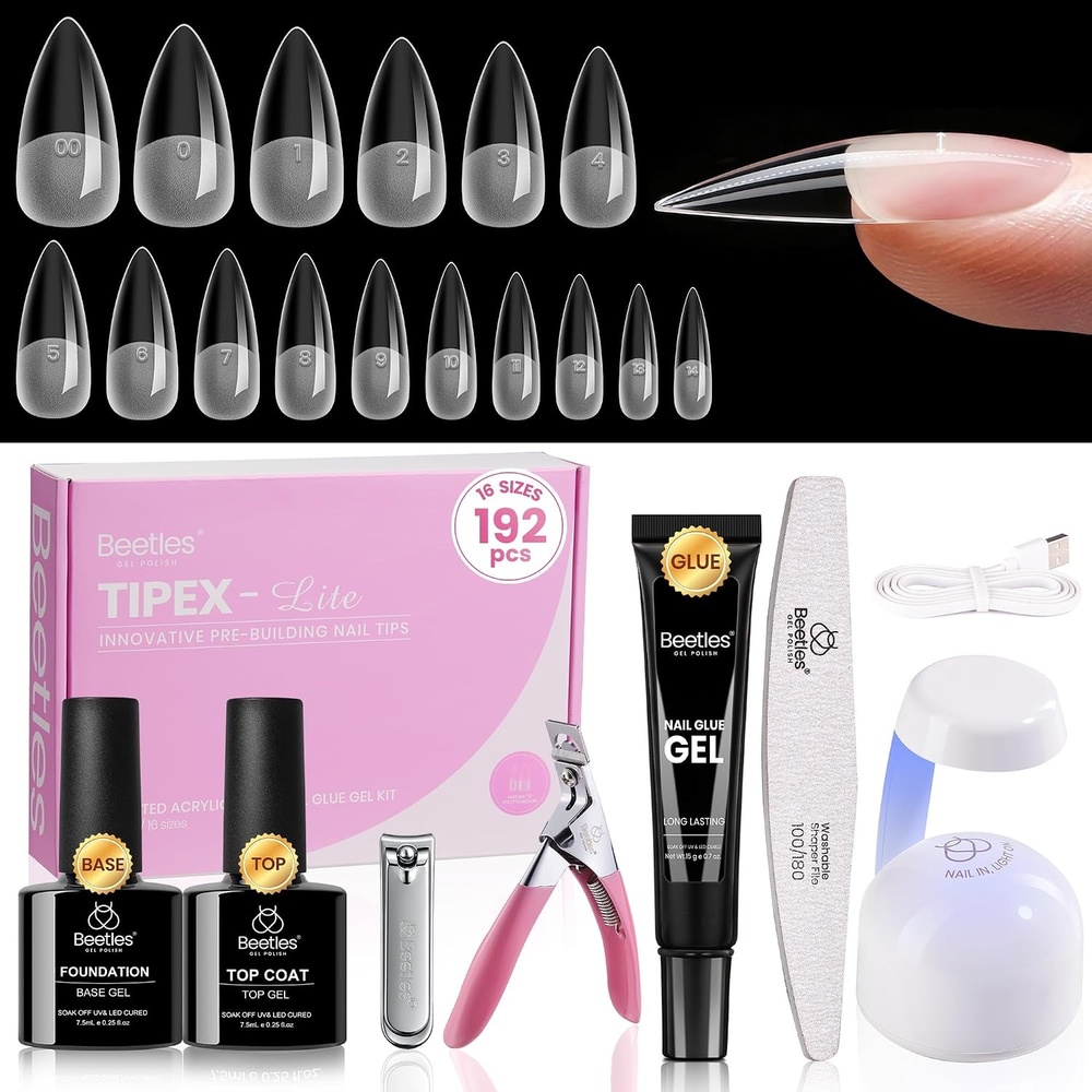 image:imageBeetles Tipex Lite Apex Nail Tips Kit Medium Almond 192pcs 16 Sizeswith Solid Nail Glue Base amp Top Coat Mini UV Lamp Nail Clipper amp Cuticle Nipper for DIY Salonlook Extensions Kit2ATipex LiteStiletto Medium 192pcs Kit
