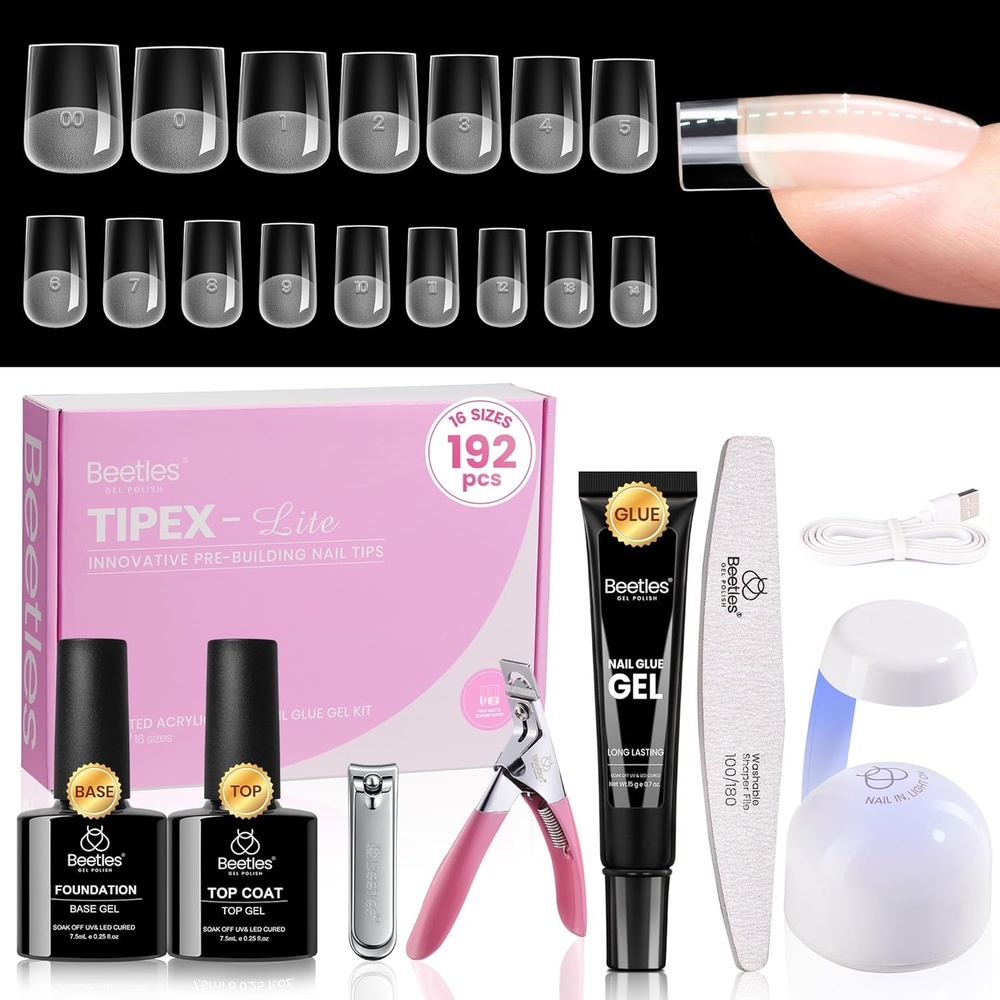 image:imageBeetles Tipex Lite Apex Nail Tips Kit Medium Almond 192pcs 16 Sizeswith Solid Nail Glue Base amp Top Coat Mini UV Lamp Nail Clipper amp Cuticle Nipper for DIY Salonlook Extensions Kit2ETipex LiteSquare Short 192pcs Kit