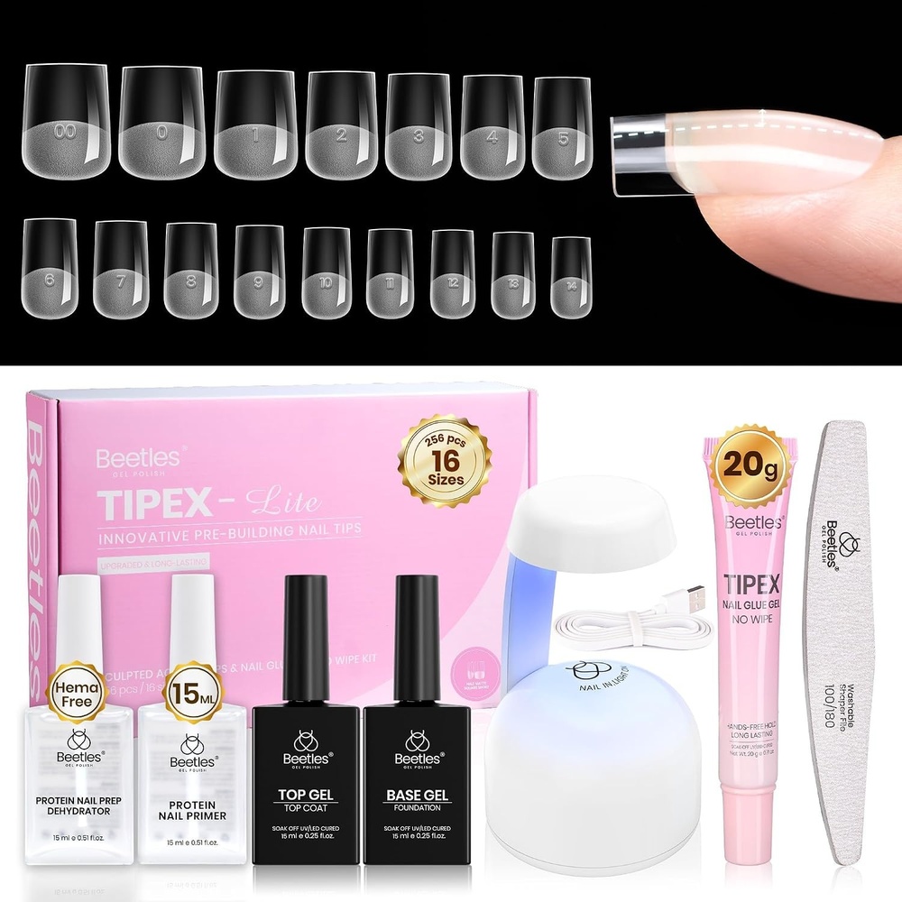 image:imageBeetles Tipex Lite Apex Nail Tips Kit Medium Almond 192pcs 16 Sizeswith Solid Nail Glue Base amp Top Coat Mini UV Lamp Nail Clipper amp Cuticle Nipper for DIY Salonlook Extensions Kit0ETipex Lite Kit with PrimerSquare Short