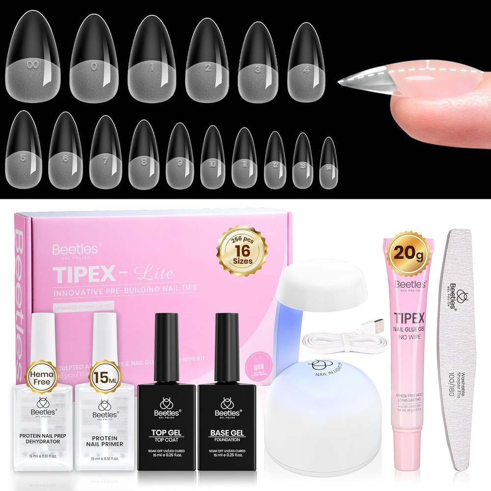 image:imageBeetles Tipex Lite Apex Nail Tips Kit Medium Almond 192pcs 16 Sizeswith Solid Nail Glue Base amp Top Coat Mini UV Lamp Nail Clipper amp Cuticle Nipper for DIY Salonlook Extensions Kit0CTipex Lite Kit with PrimerAlmond Medium