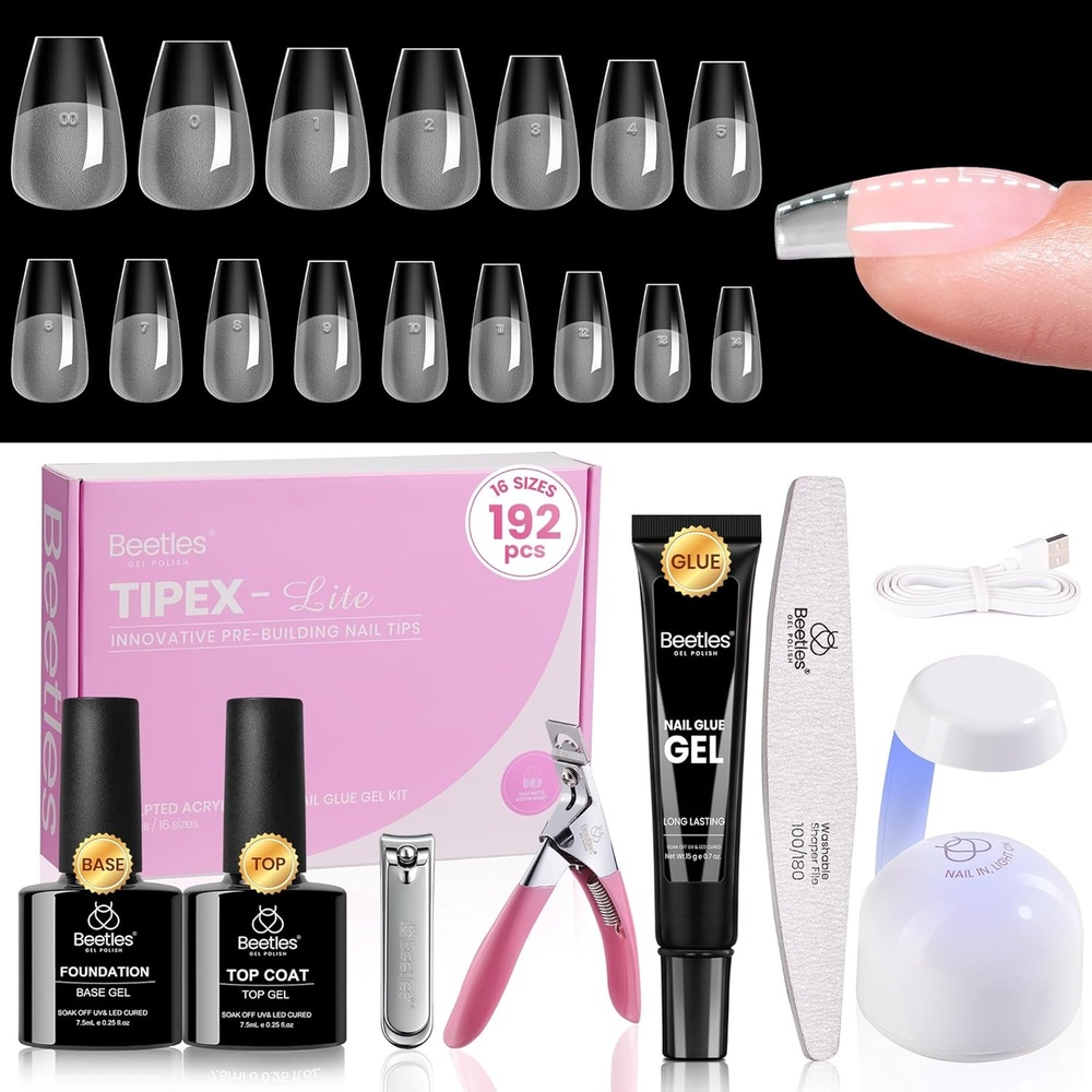 image:imageBeetles Tipex Lite Apex Nail Tips Kit Medium Almond 192pcs 16 Sizeswith Solid Nail Glue Base amp Top Coat Mini UV Lamp Nail Clipper amp Cuticle Nipper for DIY Salonlook Extensions Kit2FTipex LiteCoffin Short 192pcs Kit