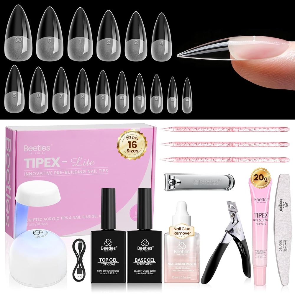 image:imageBeetles Tipex Lite Apex Nail Tips Kit Medium Almond 192pcs 16 Sizeswith Solid Nail Glue Base amp Top Coat Mini UV Lamp Nail Clipper amp Cuticle Nipper for DIY Salonlook Extensions KitTipex Lite Kit with Remover  Medium Stiletto