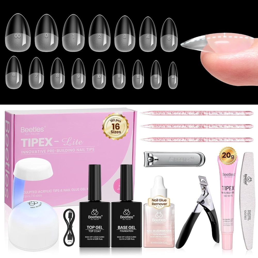 image:imageBeetles Tipex Lite Apex Nail Tips Kit Medium Almond 192pcs 16 Sizeswith Solid Nail Glue Base amp Top Coat Mini UV Lamp Nail Clipper amp Cuticle Nipper for DIY Salonlook Extensions KitTipex Lite Kit with Remover  Short Almond