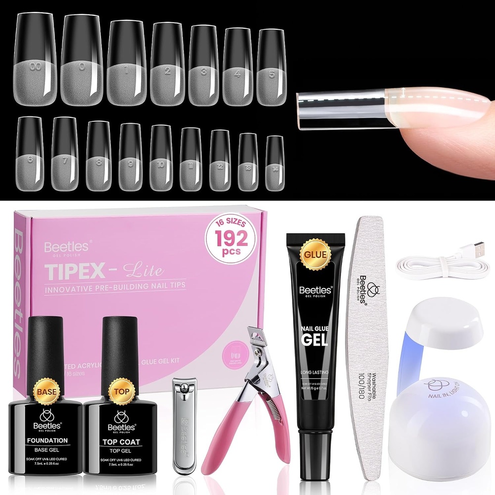 image:imageBeetles Tipex Lite Apex Nail Tips Kit Medium Almond 192pcs 16 Sizeswith Solid Nail Glue Base amp Top Coat Mini UV Lamp Nail Clipper amp Cuticle Nipper for DIY Salonlook Extensions Kit2DTipex LiteSquare Long 192pcs Kit