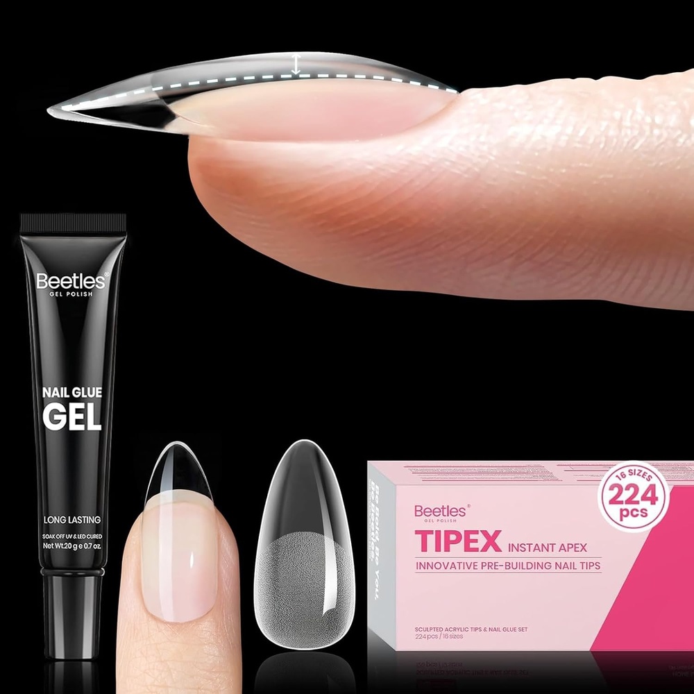 image:imageBeetles Tipex Nail Glue Gel 2 Pcs 20g Super Strong HandsFree Solid Nail Glue for Tipex Instant Apex Nail Tips Professional BeginnerFriendly U V Light Required1OAlmond Medium 224pcs Tipex Nail Kit