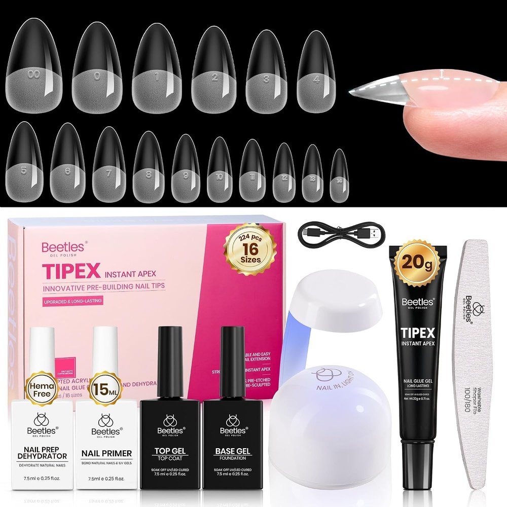 image:imageBeetles Tipex Nail Glue Gel 2 Pcs 20g Super Strong HandsFree Solid Nail Glue for Tipex Instant Apex Nail Tips Professional BeginnerFriendly U V Light Required2FAlmond Medium Tipex Nail Kit with Primer