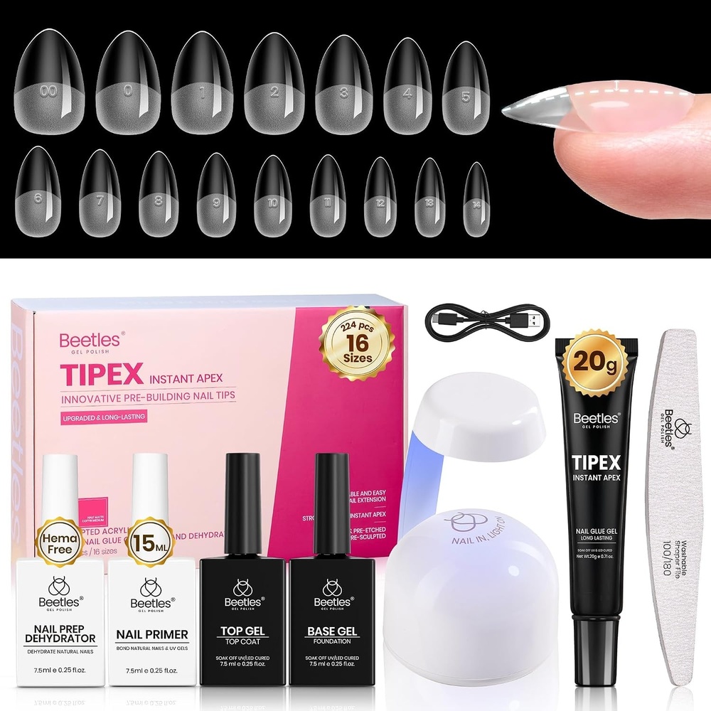 image:imageBeetles Tipex Nail Glue Gel 2 Pcs 20g Super Strong HandsFree Solid Nail Glue for Tipex Instant Apex Nail Tips Professional BeginnerFriendly U V Light Required2EAlmond Short Tipex Nail Kit with Primer